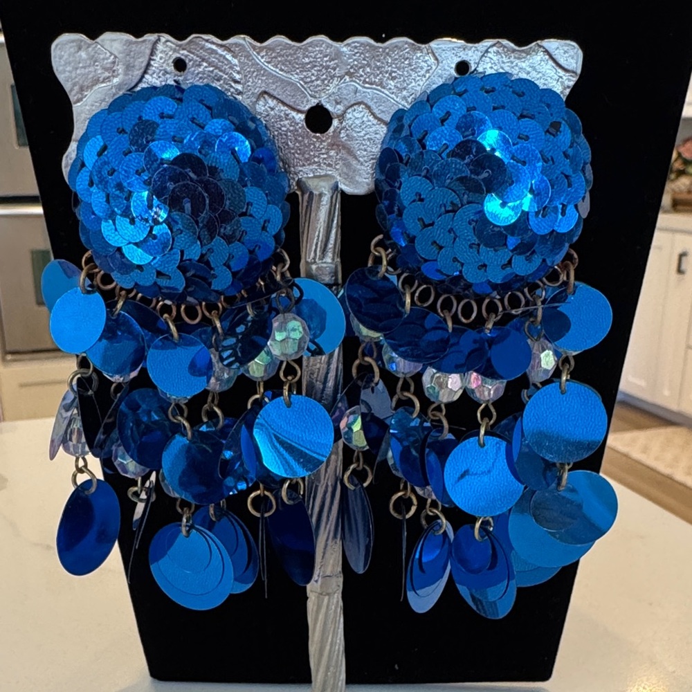 Blue Sequin Statement Earrings - image 2
